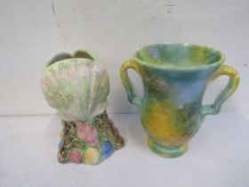 Studio pottery clam /seashell vase and a multi coloured vase
