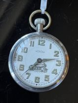 An early-to-mid 20th Century Mentor stye pocket watch with white enamel face steam engine train on