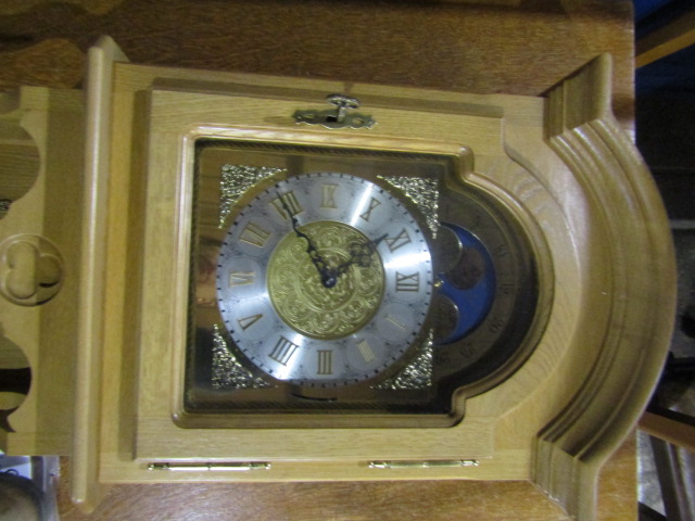 A German Interlock wall hung  long cased clock with oak case, brass weights and key, plus manual - Image 3 of 11