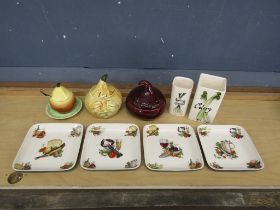 Toni Raymond pottery pickled onion storage pot, utensil pots and Carlton Ware pear preserve pot with