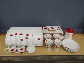 Poppy mugs, plates, breadbin and tablecloth etc