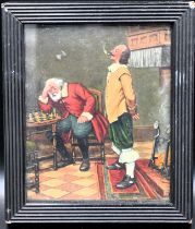 watercolour depicting two gentlemen playing chess in front of the fire, unknown artist, glazed and