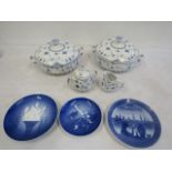 Denmark tureens, jug and sugar bowl and 3 Copenhagen picture plates