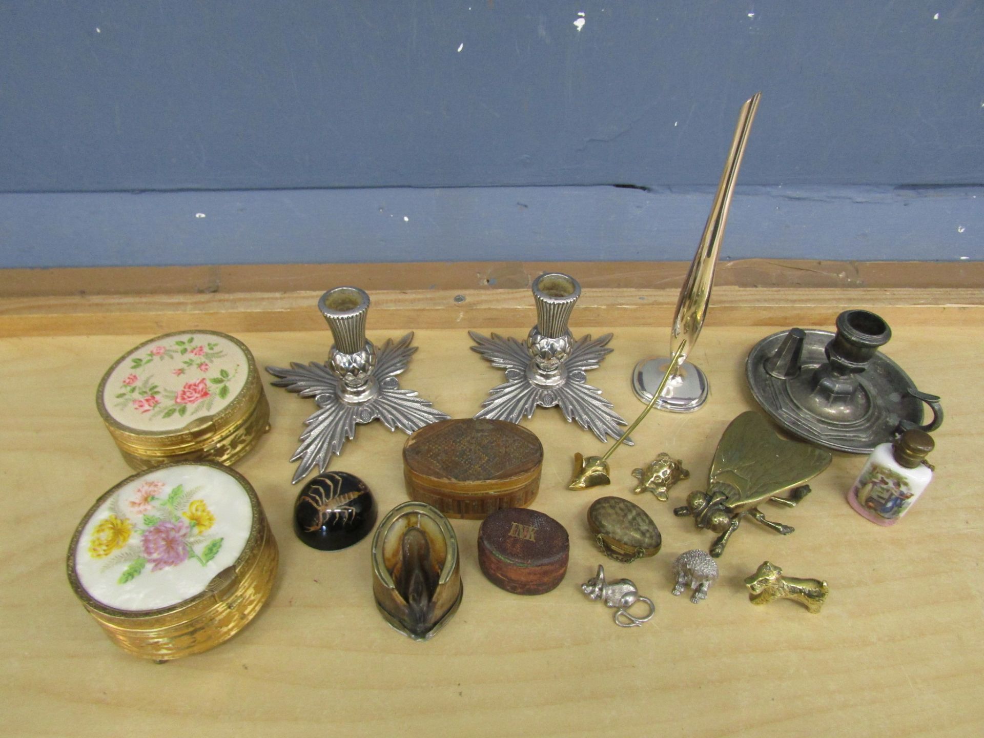 Candlesticks, small brass animals and glass scent bottle etc