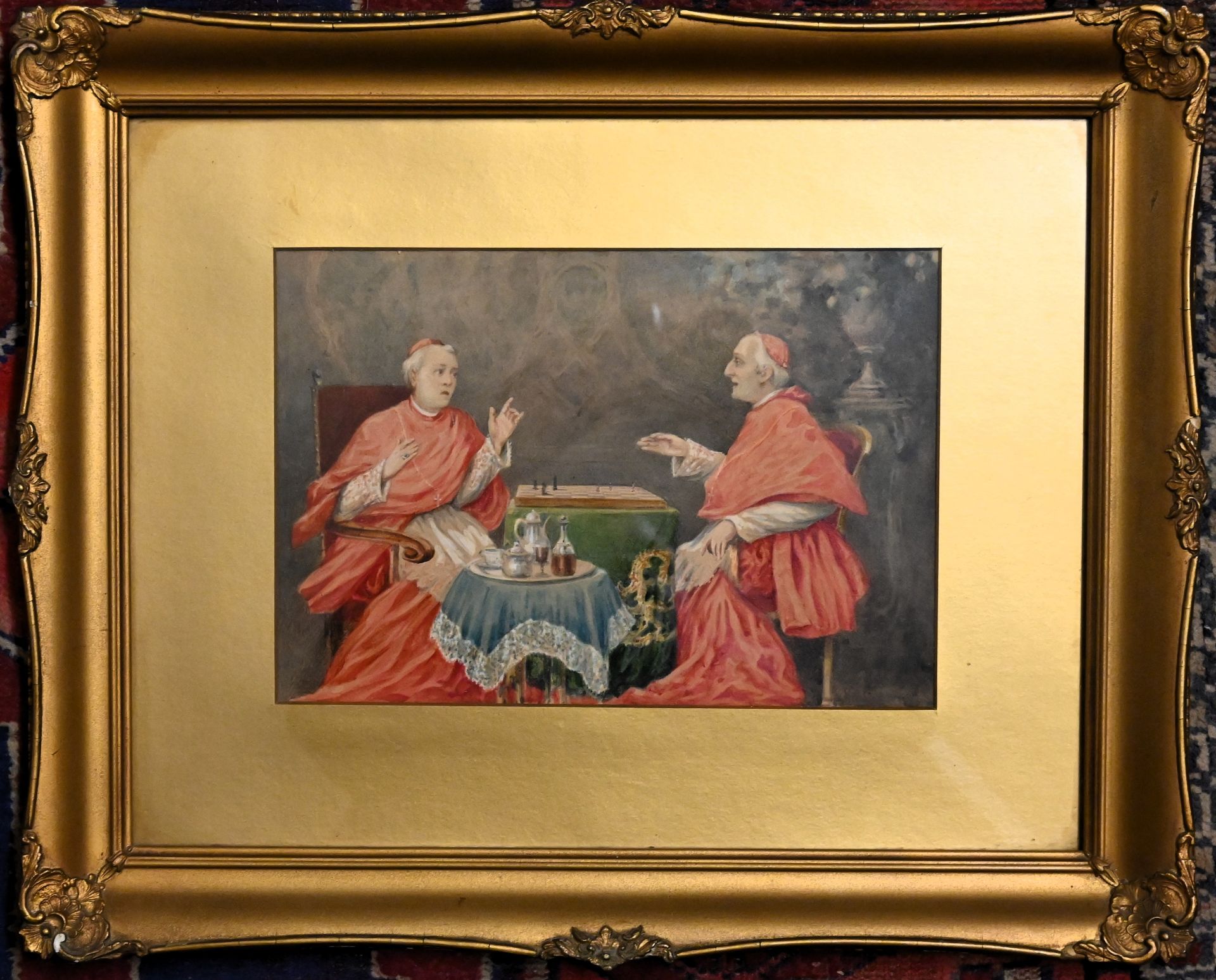 Two watercolours depicting cardinals playing chess both framed and glazed in gilt frames - Image 2 of 2