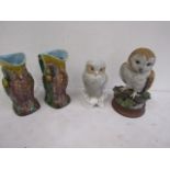 Pair drip glaze owl jugs, John Jenkins owl figure and another owl figure