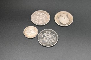 Three crowns: George III; Victorian 1891 and Victorian 1889 plus a British Shilling 1849