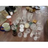 Quantity of vases, jugs, glass ware inc coloured glass, crystal and Bohemia vase