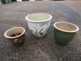 3 Ceramic garden pots. Largest H33cm approx