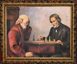 Oil on canvas depicting two gentlemen playing chess, in gilt frame
