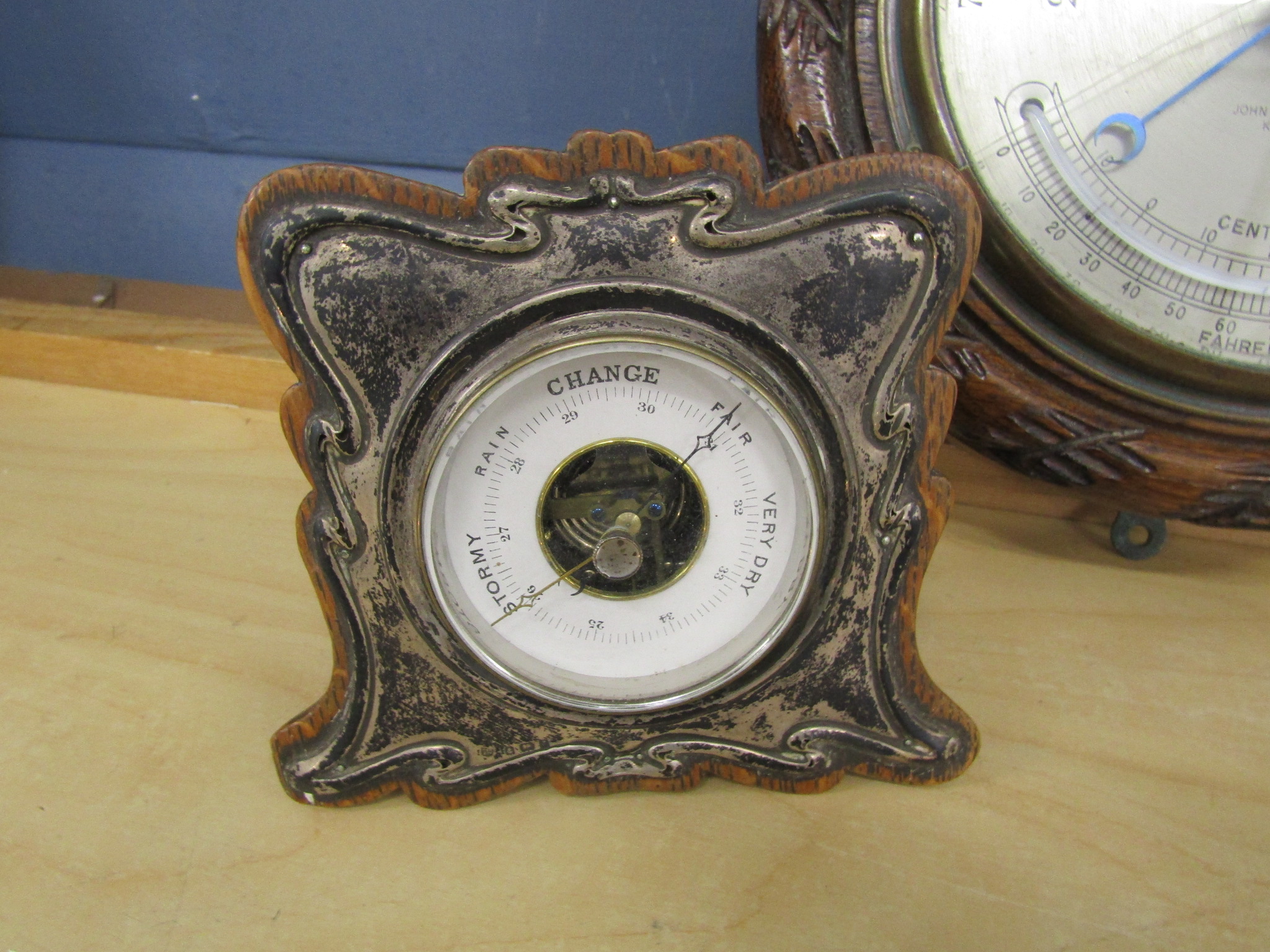Carved oak wall barometer and free standing barometer with silver plated surround (wall barometer - Image 2 of 4