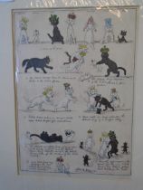 After Louis Wain hand coloured print of cats as chess pieces, 31.5cm x 41cm incl mount