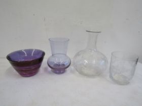 etched water decanter with glass and 2 candle votives