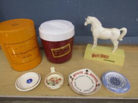 White Horse plastic advertising horse, Johnnie Walker ice bucket, Brut tin and 4 ashtrays