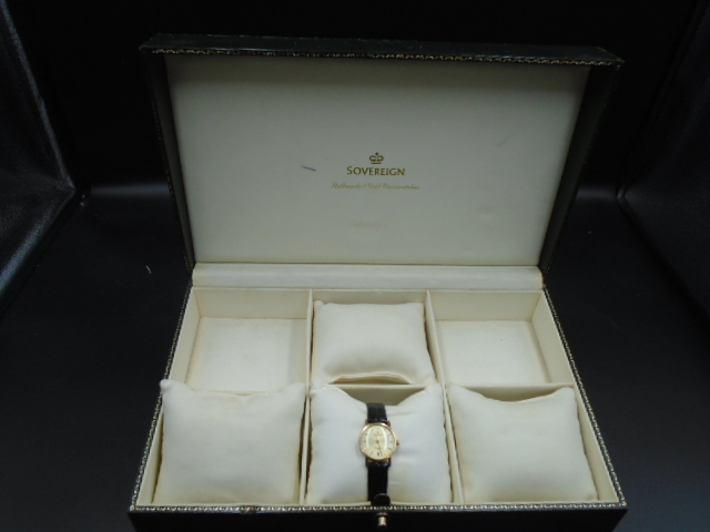 Sovereign 9ct gold hallmarked watch - model no.44226, black leather strap, new with tags, with a