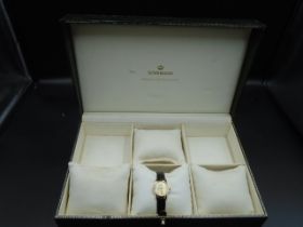 Sovereign 9ct gold hallmarked watch - model no.44226, black leather strap, new with tags, with a