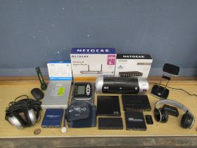 Large amount of electricals and stationary to include wireless headphones, blood pressure monitor,