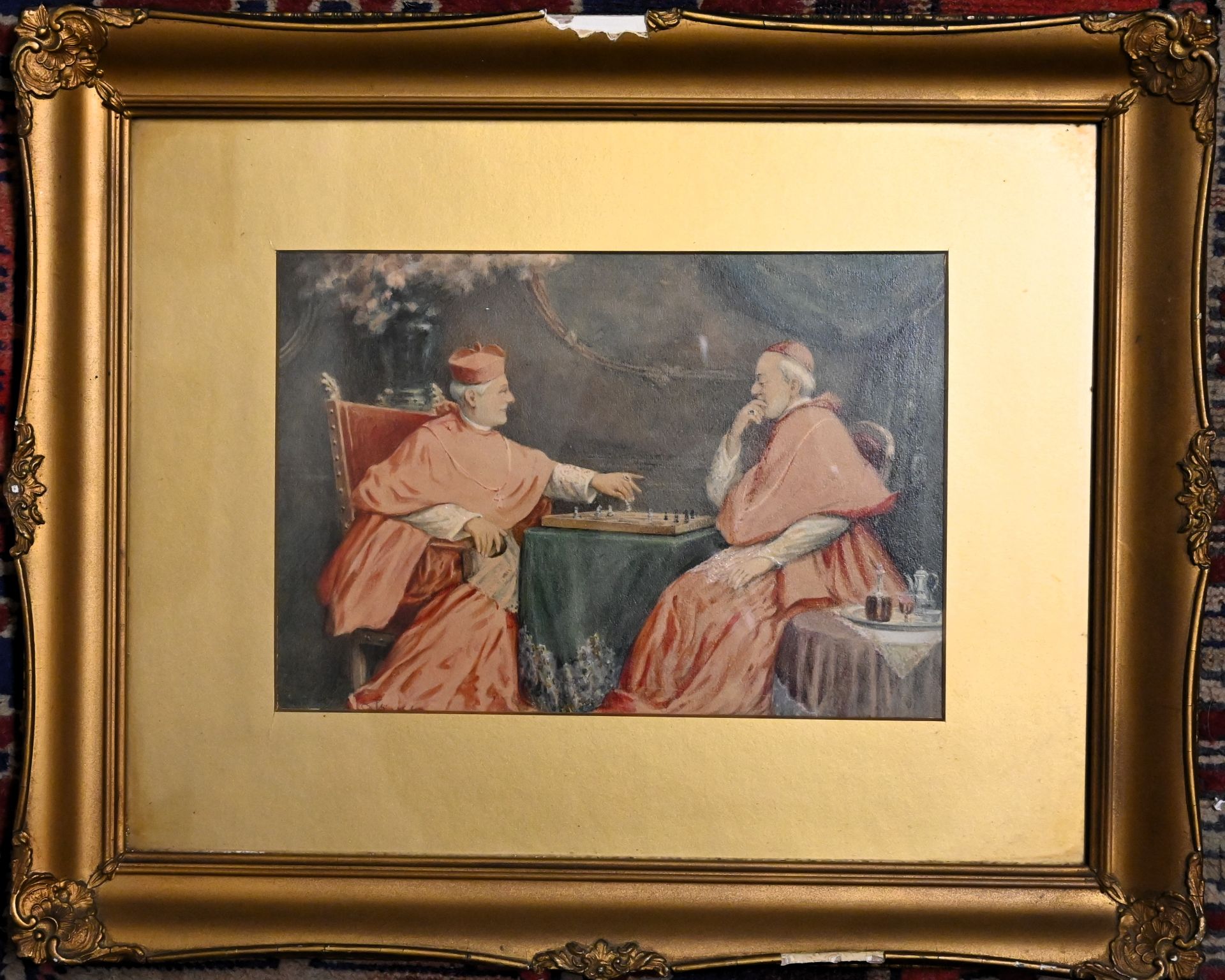Two watercolours depicting cardinals playing chess both framed and glazed in gilt frames