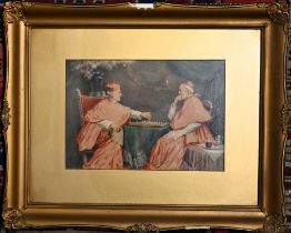 Two watercolours depicting cardinals playing chess both framed and glazed in gilt frames