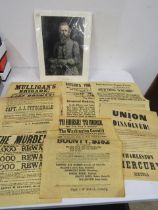 Repro Civil war posters and money along with a hand coloured plate