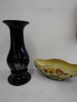 Staffordshire Indian Tree dish and a modern black glass vase with gold detail on plinth