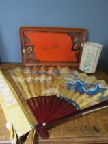 Oriental tray, fan and vase (vase a/f)