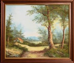 Irene Carfieri, Oil on Canvas landscape depicting woodland scene with lane leading to a cottage,