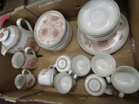Denby pink floral part tea set - 8 side plates, 7 saucers, 7 cups, tea/coffee pot, 2 jugs, cake/