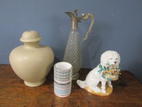 Ceramic lamp base, vintage dog figurine, modern vase and glass claret jug