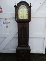 A Marriots of Holbeach 1980s Grandfather clock with brass face and sun/moon detail, with weights,
