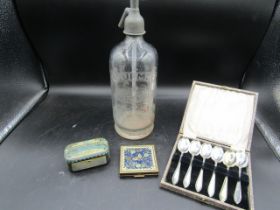 Vintage Sudbury soda syphon, cased teaspoons, compact and tin