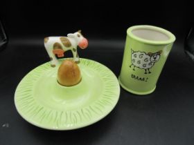 Whittard Pottery cow plate egg holder (with wooden egg) designed by Beth,  and a House gallery sheep