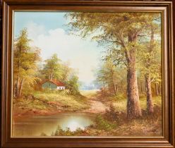 Oil on canvas landscape depicting a woodland scene with river food with a lane leading past cottage.