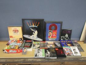 Elvis Pressley DVD's, books, games and framed record etc