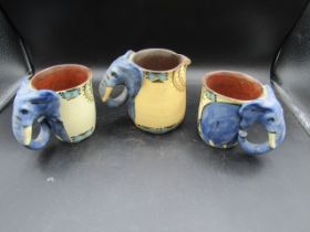 South African hand painted pottery elephant mugs and jug