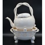Royal Creamware Chocolate Pot with twisted handle on a three footed pierced stand