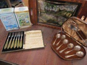 Vintage tins, boxed cutlery sets and a decorated tray