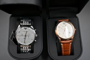 2 Emporio Armani mens watches to include AR1879 steel chronograph watch and AR1866 quartz watch with