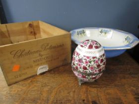 Wine box, ceramic hinged egg and vintage wash bowl