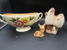 Sylvac hand painted sunflower mantle vase, mushroom and animal vase and small fawn (not stmped)