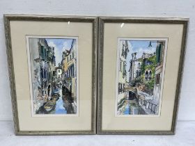 Janet Beckett two famed and glazed pen and ink studies of Venice