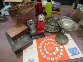 Collectors lot- Vintage plastic Mickey Mouse, 2 soda syphons, metal wares, Plaque, part FA coin