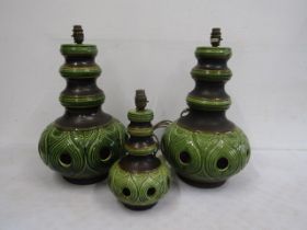 3 West German lamp bases  2 45cmH smaller 28cmH excluding light fitting