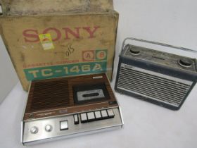 Vintage Sony cassette player in original box and vintage Hacker radio