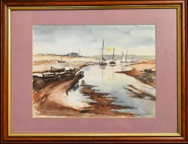 M Highfield, watercolour seascape, signed lower right 'M Highfield' plus cross stitch work of a