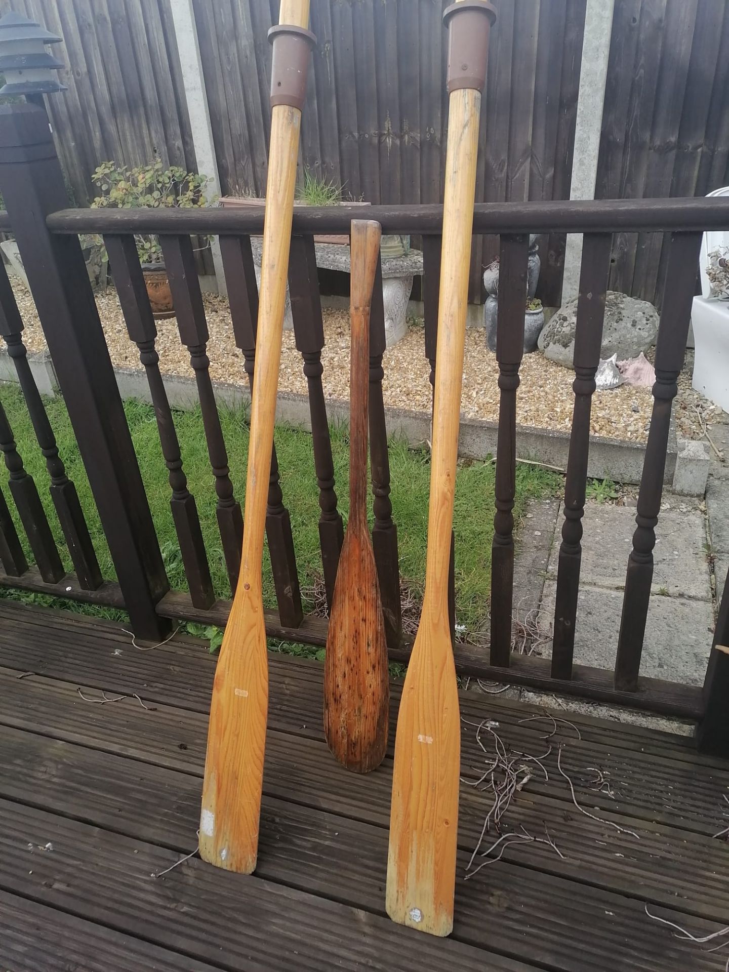 Pair of plastimo 6 ft oars and one tradional canoe paddle.