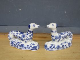 Pair of blue and white greyhound ornaments H14cm approx