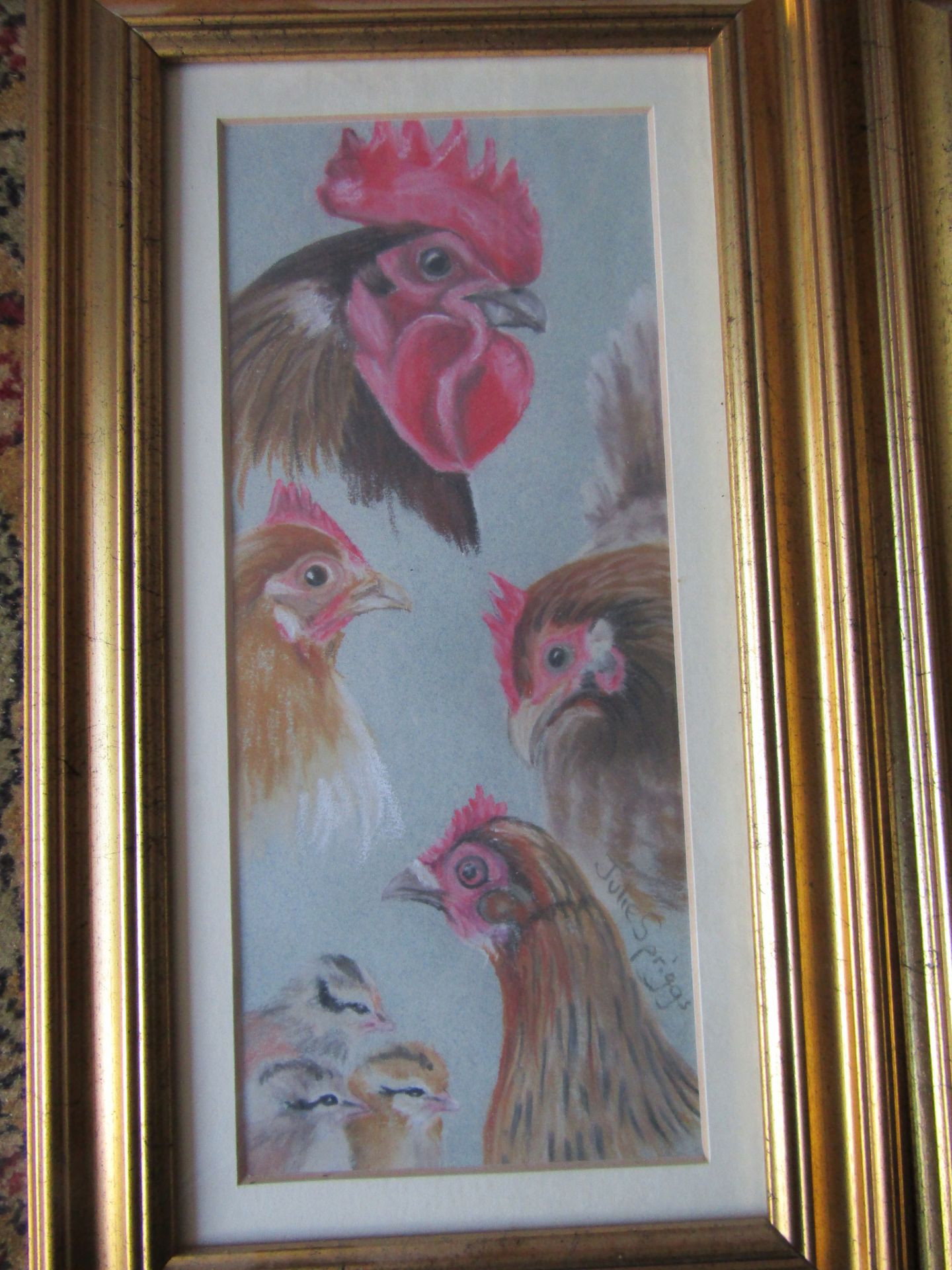 2 Julie Spriggs signed pastel Chicken studies, framed and glazed 21cm x 37cm approx - Image 3 of 4