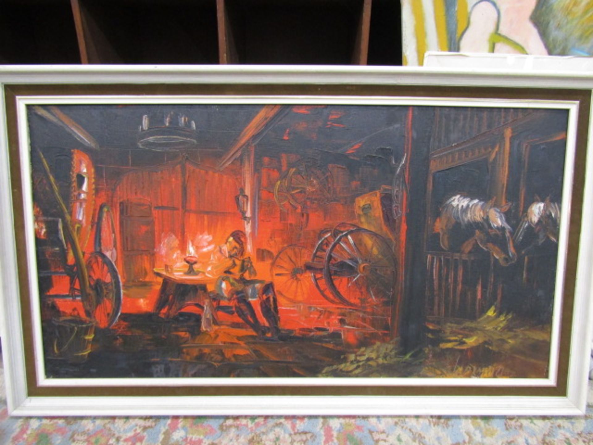 An oil on canvas of a blacksmith scene 86x50cm