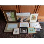 Paintings and prints to include greyhounds and hunting etc